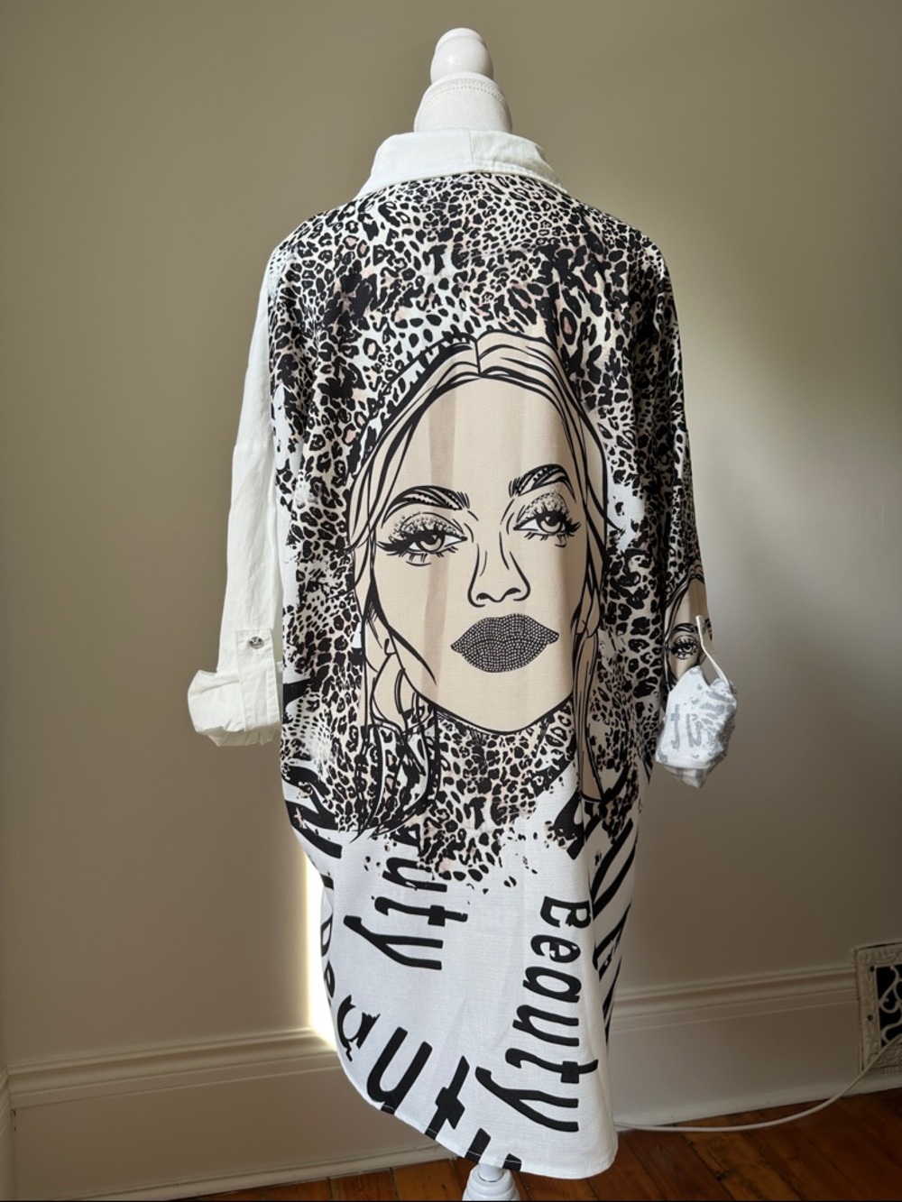 FRANK LYMAN Leopard & Typography Collared Shirt Sparkle Glam Unique Maximal XL - Picture 7 of 10